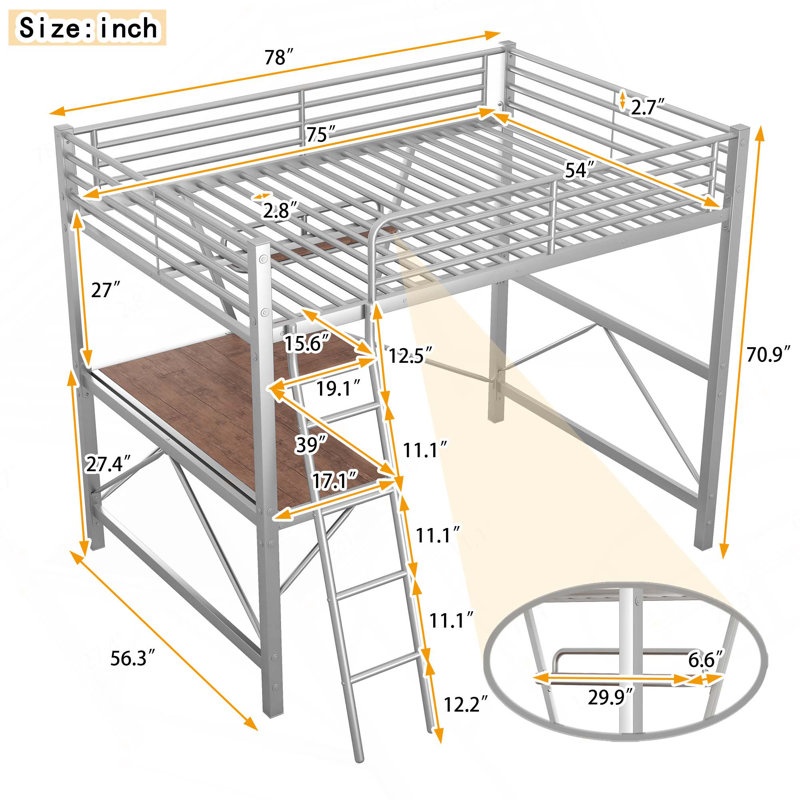 Lit en bois et panneau de fibres à densité moyenne avec bureau et tablette Loft, Argent argent, Lit double