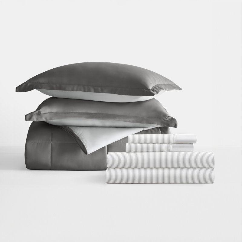 7-Piece Reversible Bedding Bundle - Solid Comforter and Patterned Sheet Set, Gray Striped