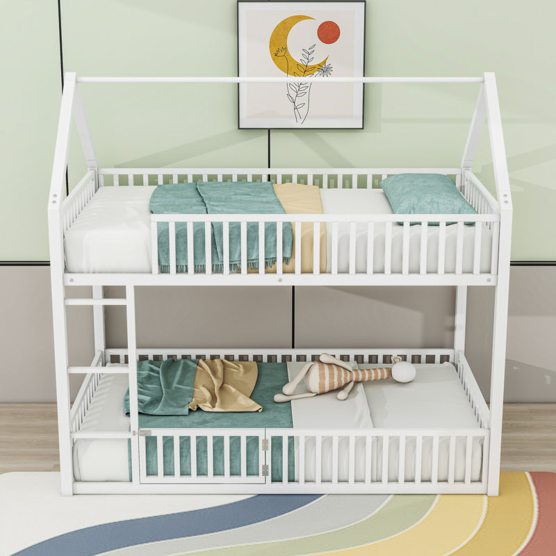 Twin Over Twin Metal Bunk Bed With House-Shaped Design, White