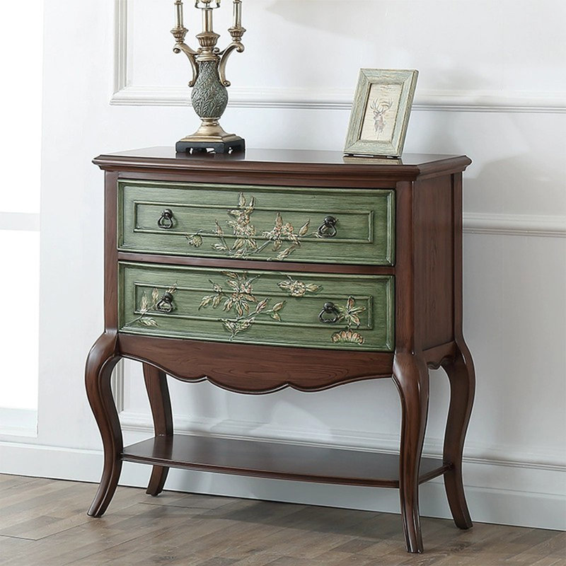 Green&Walnut Solid + Manufactured Wood Rectangular Console Table