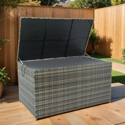 Large 200-Gallon Wicker Outdoor Storage Box with Lid, Perfect for Patio and Deck Organization, Weather-Resistant and Durable.