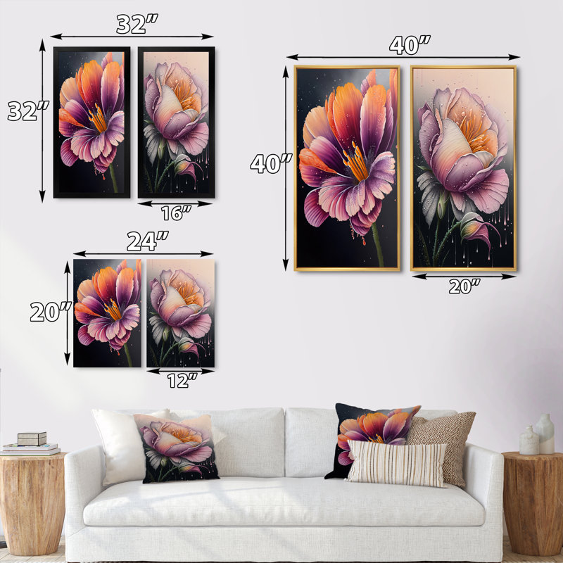 «Blooming Gerbera Daisy Flowers», 2 pièces sur toile, Encadrement doré, H 32 po x l 32 po