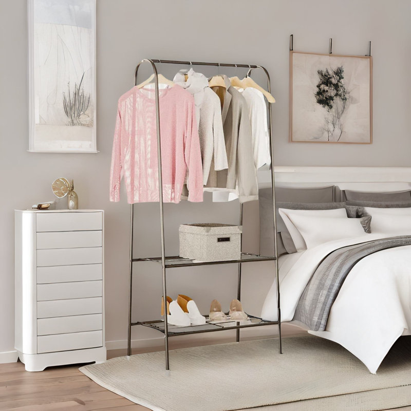 Heavy Duty Metal Clothes Rail Open Wardrobe With 2 Shelves