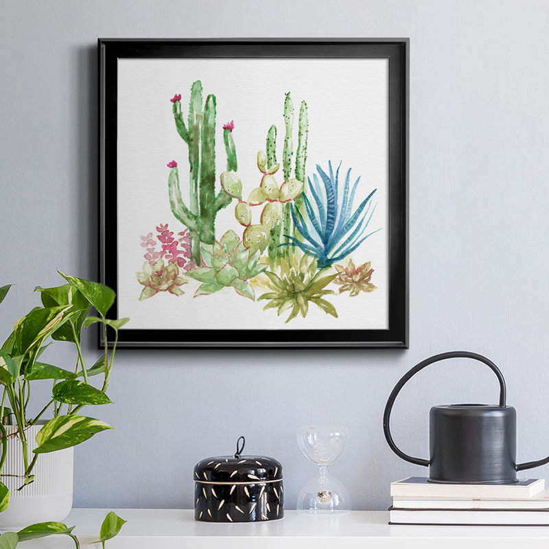 Cactus Vignette I - peinture sur toile encadrée, Noir, H 17,5 po x l 17,5 po x P 1,5 po
