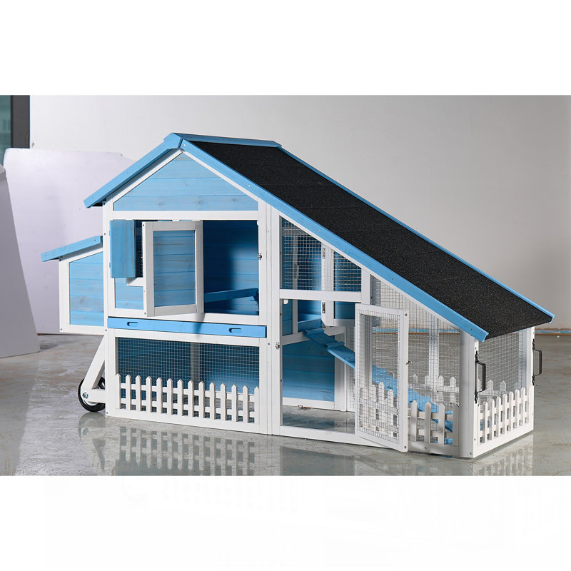 Cage à lapin en bois 76 po avec toit en asphalte imperméable 76 po, piste extérieure amusante, plateau et rampe amovibles, bleu clair