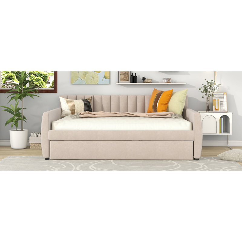 Full Size Upholstered daybed with Trundle and Wood Slat Support, Beige