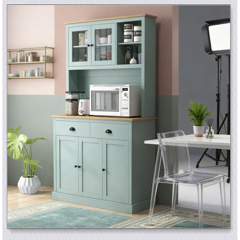 Buffet de cuisine autoportant avec huche, tiroirs, portes en verre et tablettes réglables Pantry