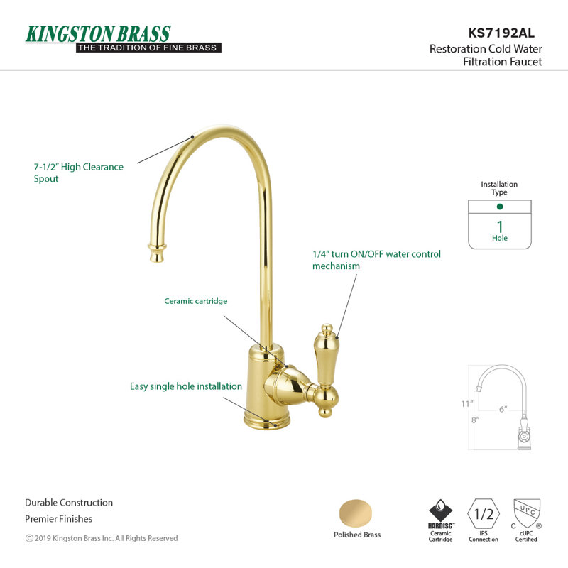 Kingston Brass Restoration Single-Handle 1-Hole Deck Mount Water Filtration Faucet, Polished Brass