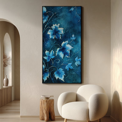 Extra Large Wall Art Fabric Print - Blue Floral Botanical Vine Artwork for Living Room or Bedroom - "Frame Assembly Required (Unfinished Frame)"