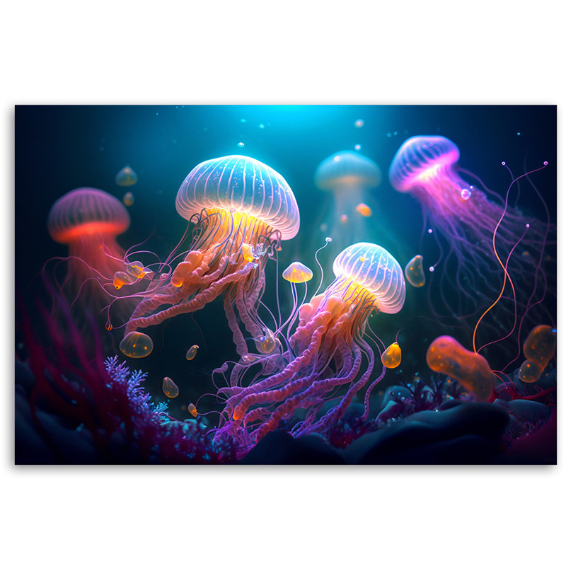 Jellyfish Neon Abstraction - No Frame Print on Canvas, 60cm H x 90cm W