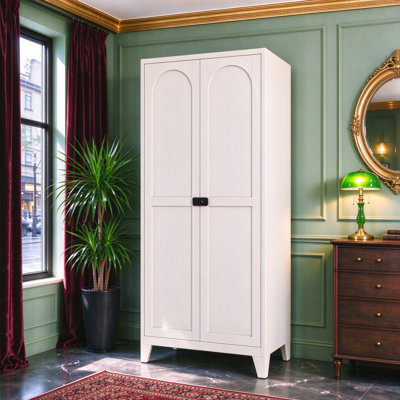 71 Inch Metal Storage Cabinet with 2 Shaped Doors, Lock and Adjustable Shelves, for Kitchen, Bedroom and Living Room, Beige