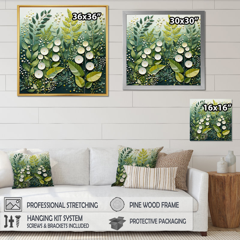 Fougères vertes et blanches, plante, éthéré, chuchotements - impression, H 24 po x l 24 po x P 1 po, Cadre flottant blanc