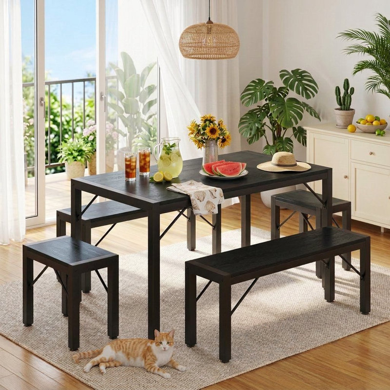 Ensemble de salle à manger pour 6 personnes Pendry, table de salle à manger avec 2 bancs longs et 2 bancs courts