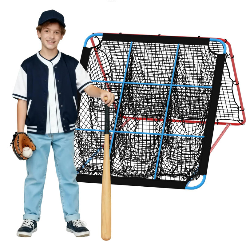 Filet de rebond 2 en 1 avec 9 trous, base ajustable pour baseball, balle molle et soccer