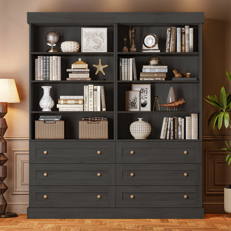 71" H x59'' W Standard Storage Bookcase with 6 Drawers and 8 Open Shelves, Modern Wood Organizer, Black, 2