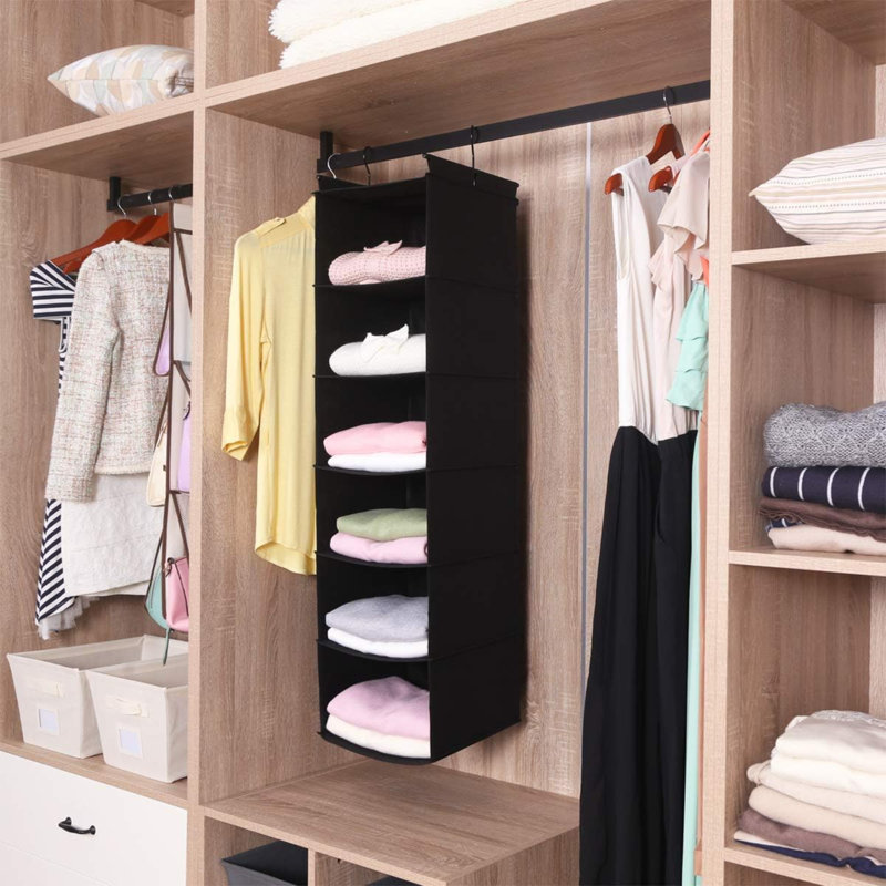 6 Tier Shelf Hanging Closet Organizer, Closet Hanging Shelf With 2 Sturdy Hooks For Storage, Foldable, Black