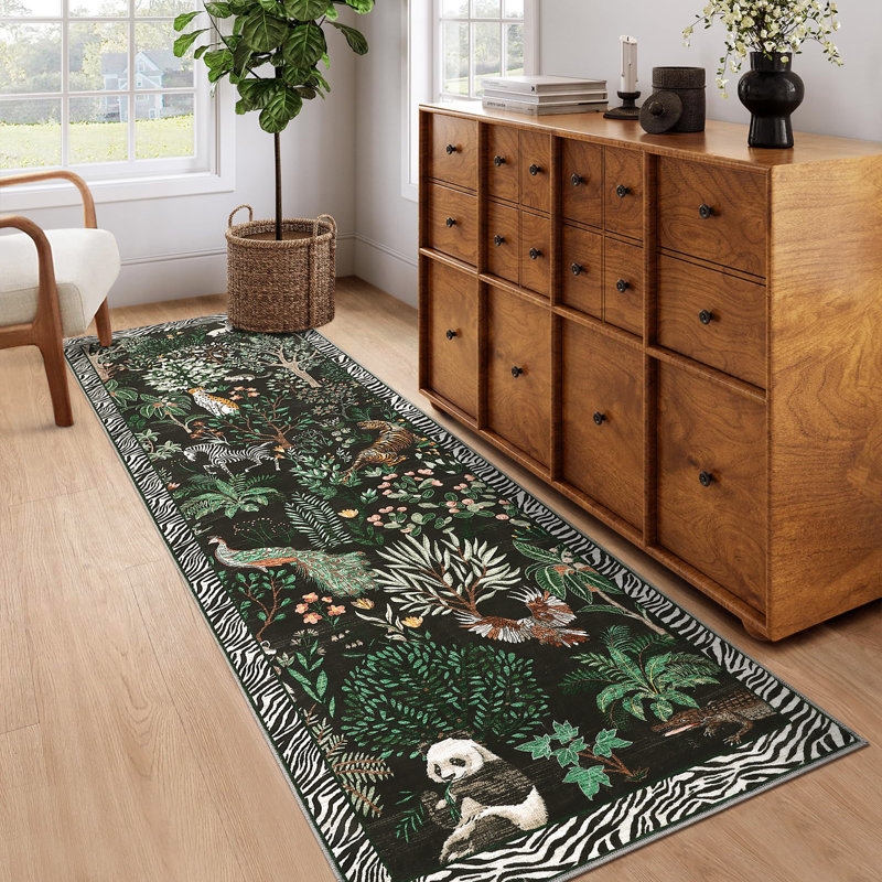 Tapis de salon pour animaux lavable Jungle, Tapis de couloir 2 pi x 6 pi, Noir