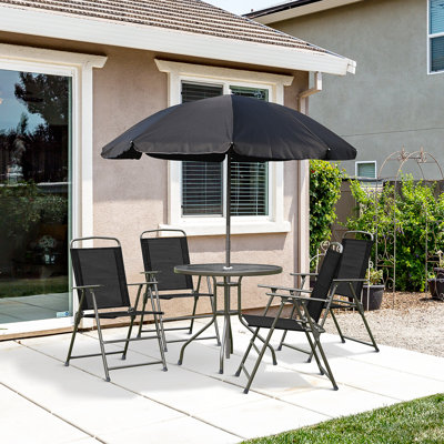 6 Piece Patio Dining Set For 4 With Umbrella, Outdoor Table And Chairs With 4 Folding Dining Chairs And Round Glass Table For Garden, Backyard And Poolside, Black Without Base