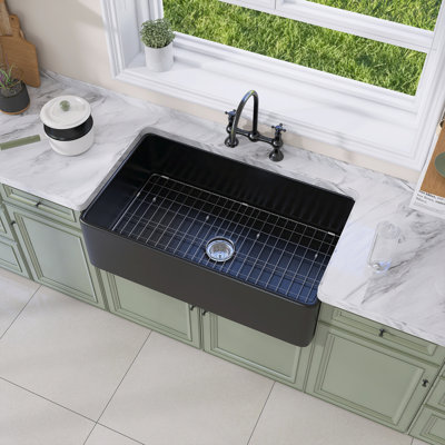 Luxe Fireclay 30 in. Black Farmhouse Sink Apron Front Farm Sink Single Bowl Kitchen Sink with Accessory Kit