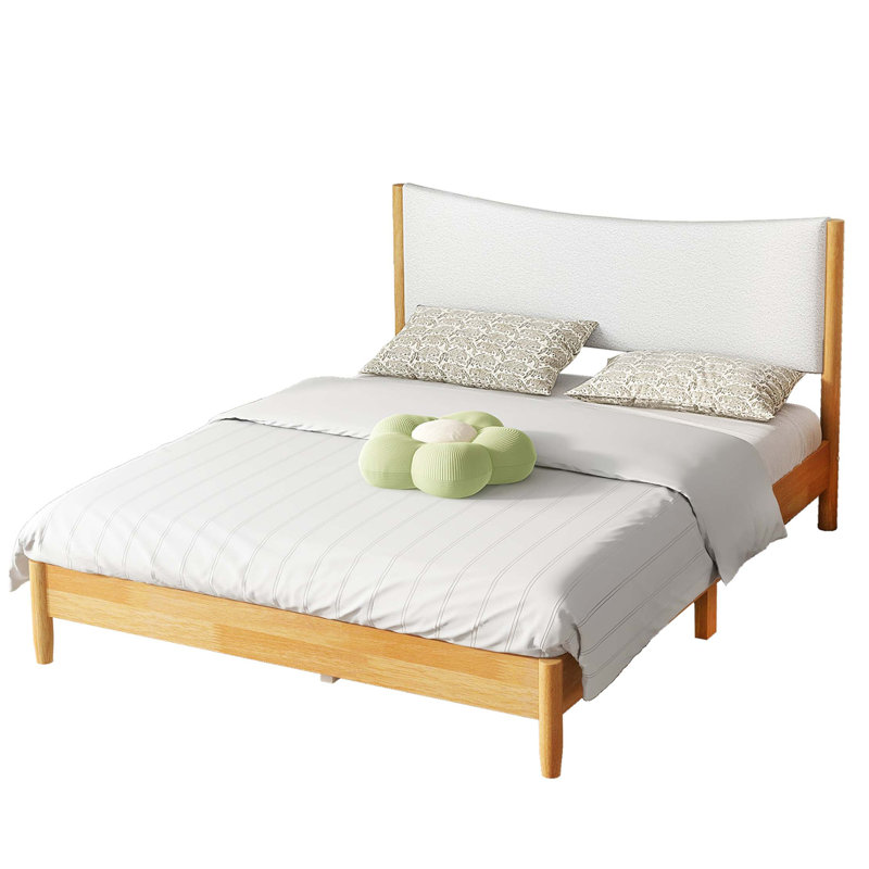 Queen Size, Solid Rubber Wooden Bed With Boucle Upholstered Headboard, Enhanced By Support Feet,Beech