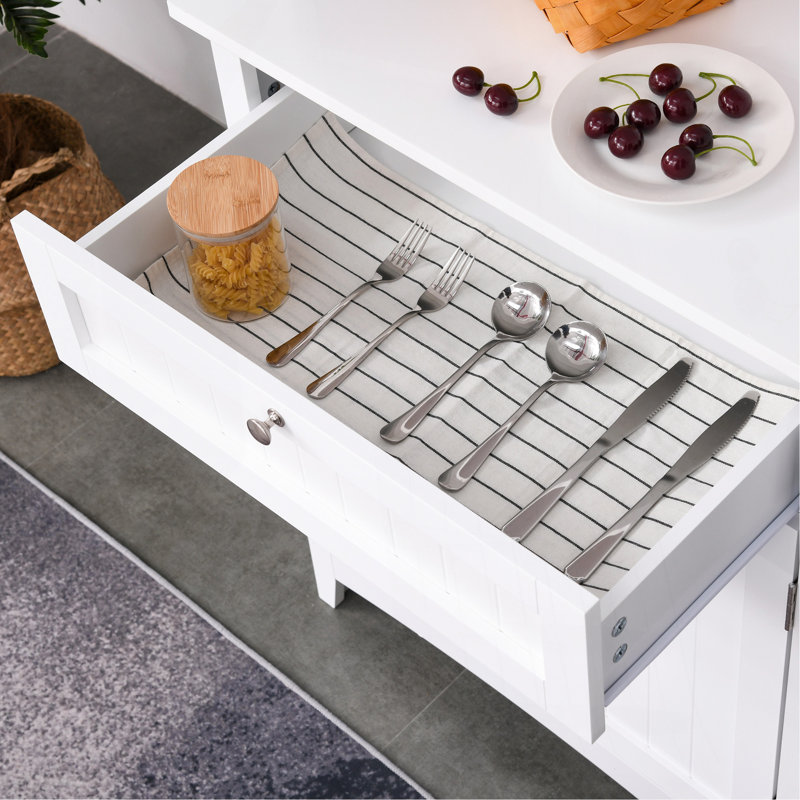 Cabinet Elegant Buffet With Hutch, Kitchen Pantry Storage With Framed Glass Door Drawer And Microwave Space, White