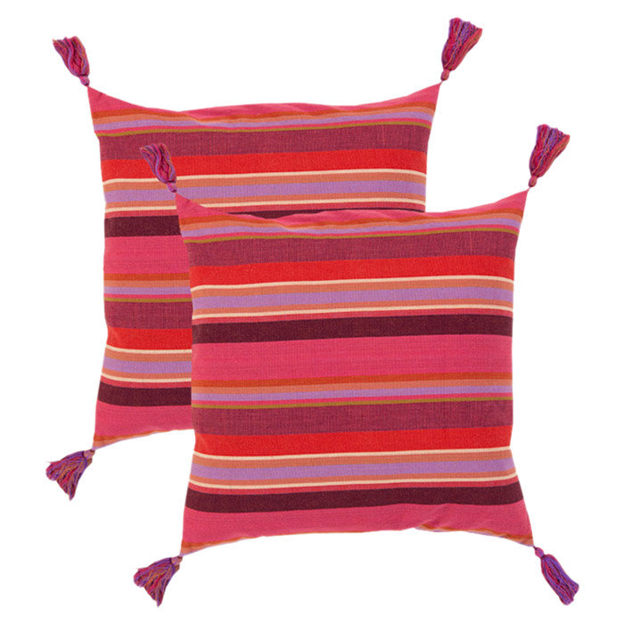 Stripe and Tassel Cotton Throw Pillow, 18" H x 18" W x 4" D, Polyester