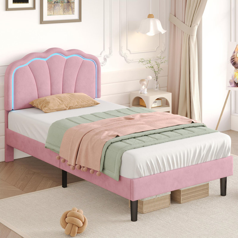 3ft Upholstered Bed With Adjustable Headboard Velvet, Pink