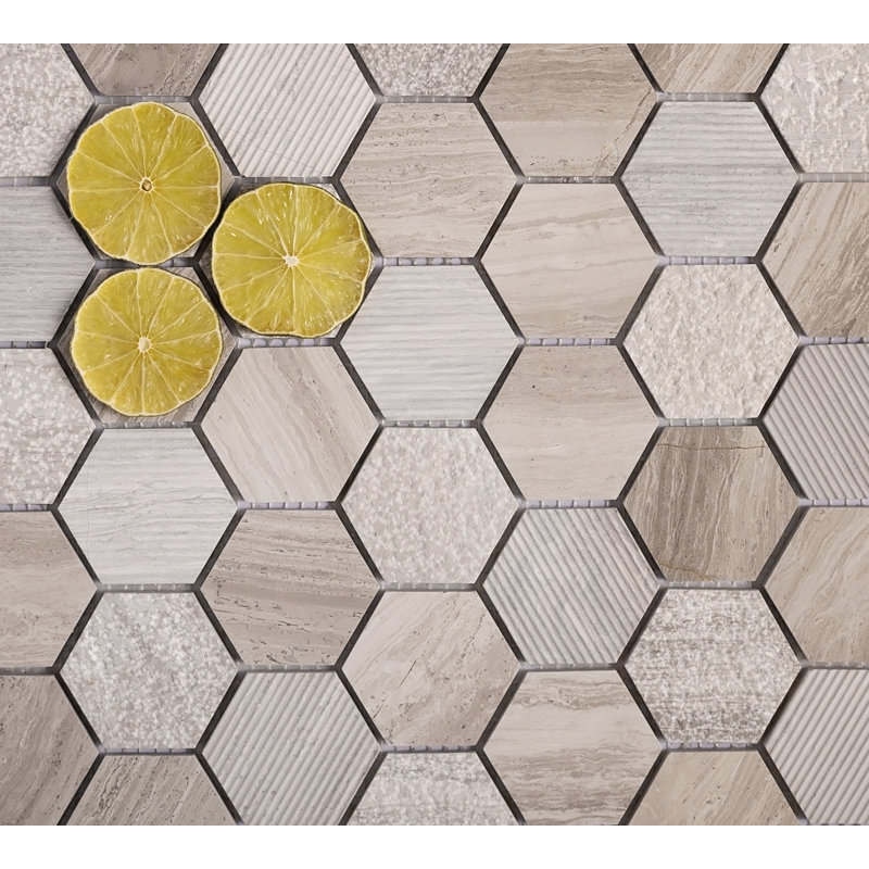 Textured Honeycomb Hexagon Wooden Marble Mosaic Tile, Gray