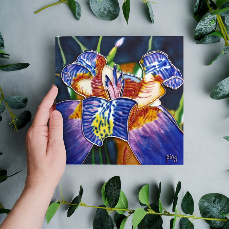 8x8" Iris Flower Ceramic Art Tile Wall Décor and Trivet Hot Plate