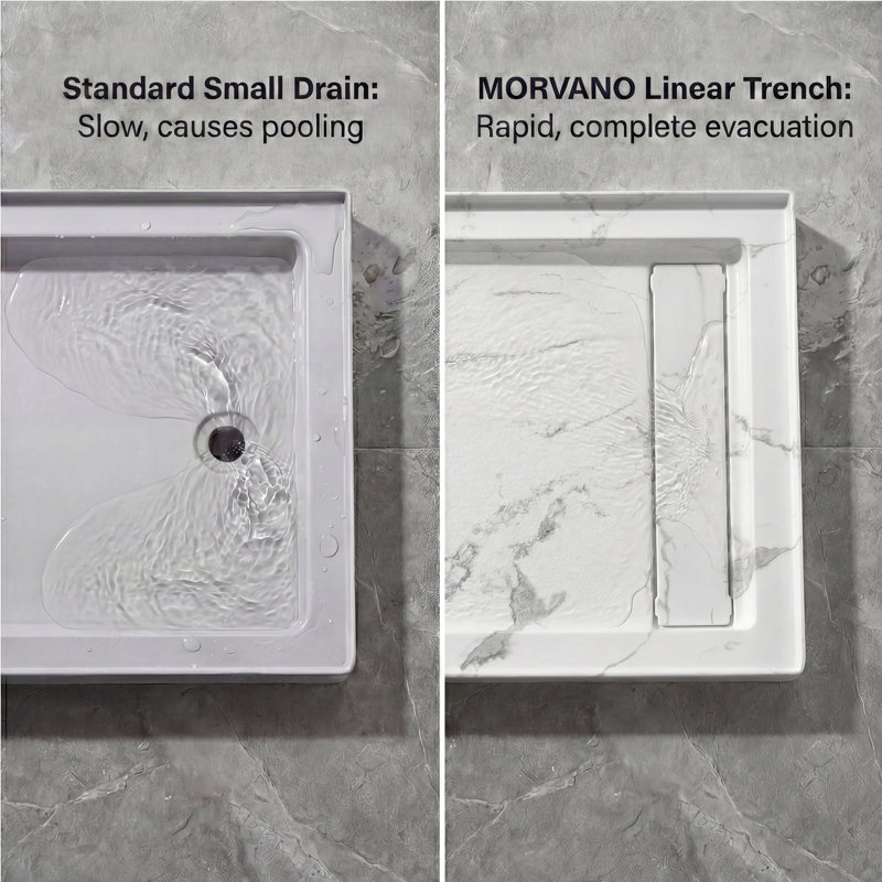 60”W x 32”D Rectangular Shower Pan Base, Marble-Look Acrylic, Right