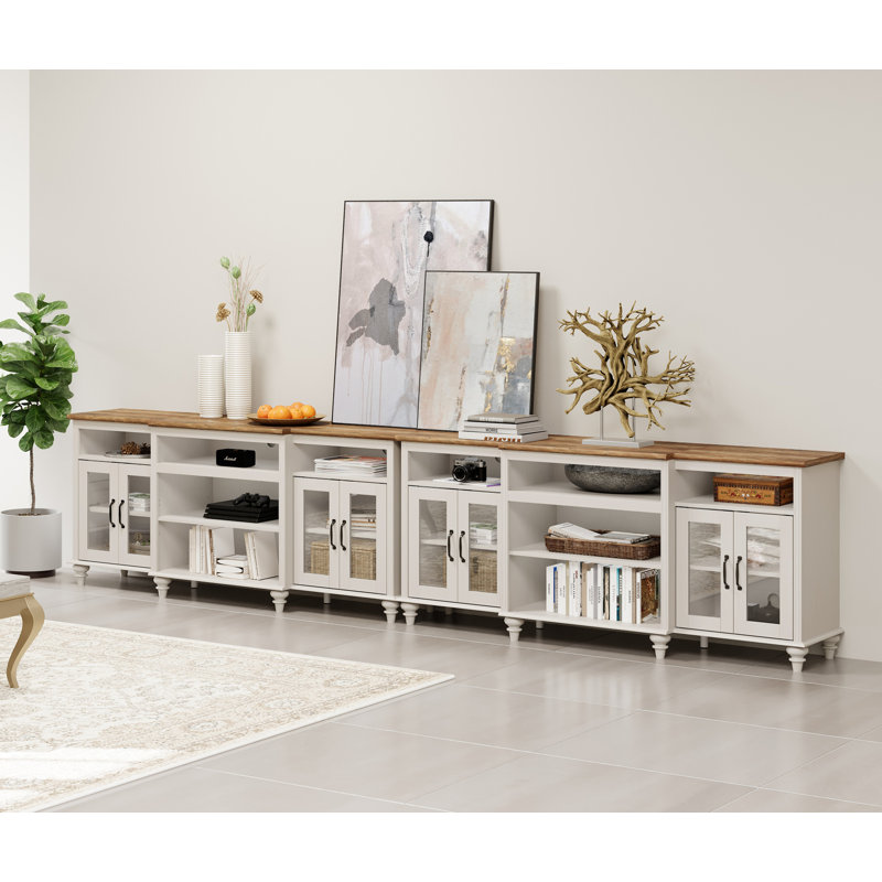 White Buffet Cabinet With 4 Glass Doors Set Of 2, Large Coffee Bar Tables  With 9 Storages, Modern Farmhouse Sideboard Credenza For Dining Room, Antique White, 140 Inch