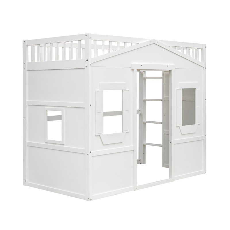 Lit mezzanine en bois 77,5 po avec échelle inclinée, structure de lit haute en bois de pin massif avec garde-corps et support à 13 lattes - blanc