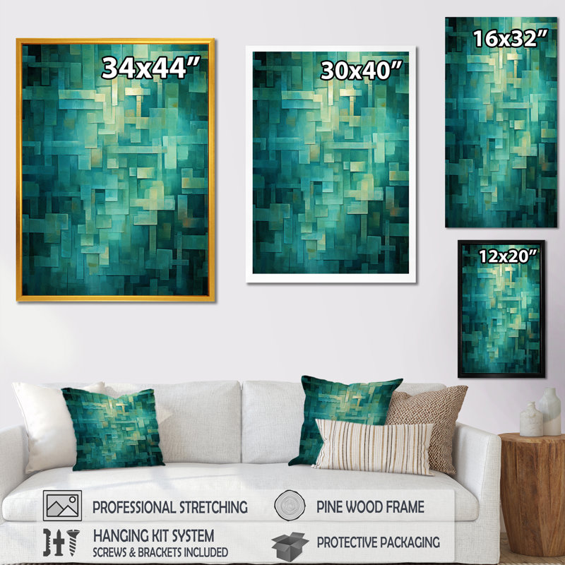 «California Sunshine» cubiste abstrait turquoise - peinture murale abstraite, H 40 po x l 30 po x P 1,5 po