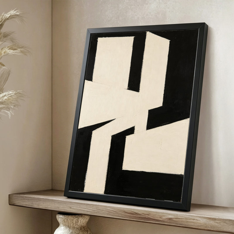 Composition géométrique abstraite moderne moderne: formes audacieuses en noir et blanc, style de peinture moderniste. Toile encadrée 24 "x 36" avec cadre en bois noir