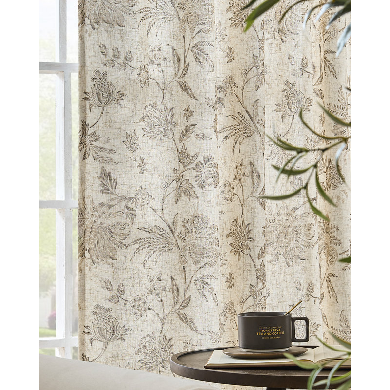 Linen Blend Semi Sheer Pod Pocket Floral Patterned French Country Curtains, 50" W x 84" L, Taupe