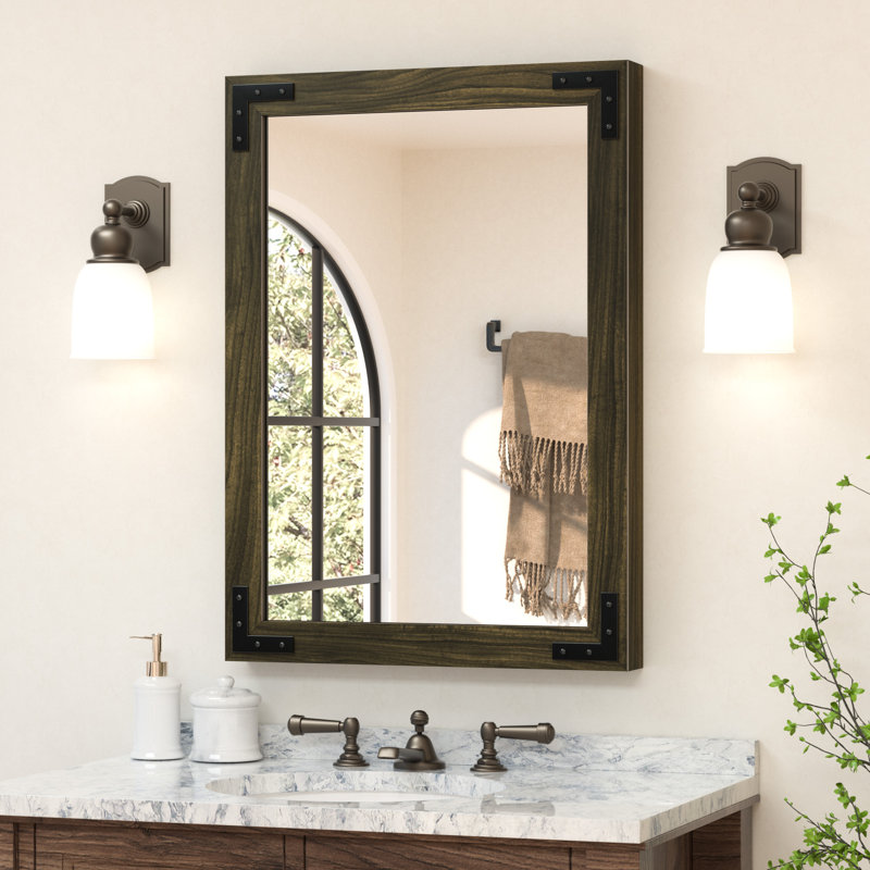 Gwenneth Rectangle Wood Mirror for Bathroom, Solid Pine Wood, 20" x 28", Black