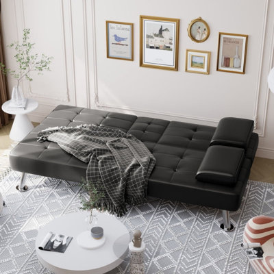 Canapé-lit futon convertible pliable en similicuir avec 2 porte-gobelets