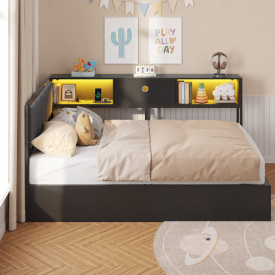 Twin Size Corner Bed With Hydraulic Storage,Twin Daybed With Bookcase And Charging Station,Lift Up Storage Bed Frame With Upholstered Headboard And Led Lights,Metal Platform Storage Bed,Black