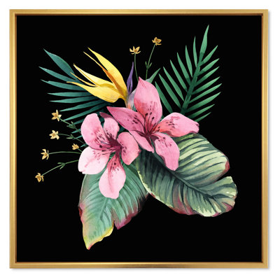 Bouquet de fleurs tropicales et de feuilles sur fond noir II - Impression sur toile tropicale