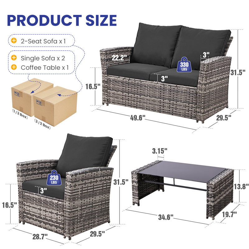 4 Piece Outdoor Patio Furniture Set,Wicker Conversation Sets Outdoor Sectional Patio Sofa Couch With Cushions & Coffee Table For Outside