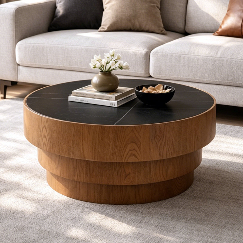 Table basse 31,5 "avec plateau en pierre frittée, Noir / brun