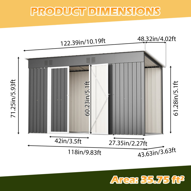10 FT x 4 FT Rectangular Metal Storage Shed with Aluminum Frame, Grey