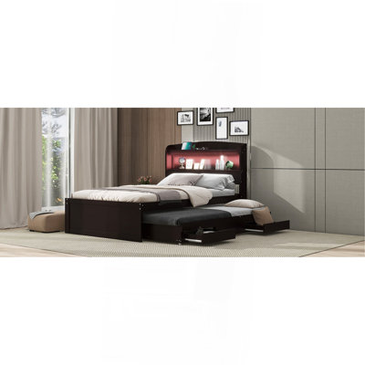 Twin XL Size Platform Bed With Storage LED Headboard, Charging Station, Twin Size Trundle And 2 Drawers, Dark Brown