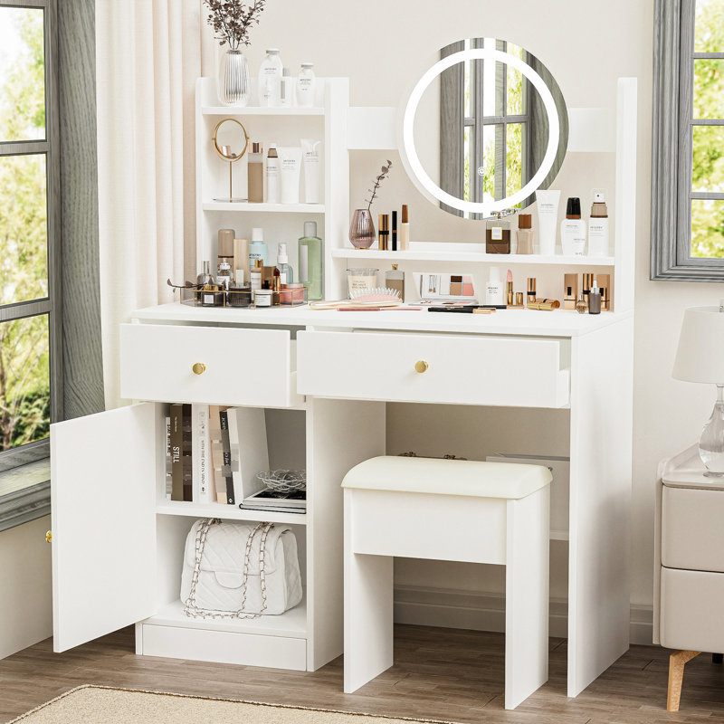Bureau de meuble-lavabo de chambre à coucher avec miroir et lumières à DEL, 3 modes d'éclairage, plateau de table spacieux avec rangement moderne, luminosité réglable