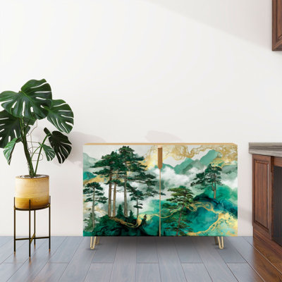 Sideboard Buffet Cabinet with Storage Watercolor Vertical Forest Art Print Misty Pine Mountains with 2 Doors for Living Room and Kitchen