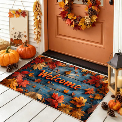  Bath Mat Rugs Fall Pumpkin Maple Leaves Floor Mat Halloween Thanksgiving Decorative Floor Mat Bathroom Kitchen Mat Porch Carpet Long Strip Foot Mat Entrance Mat