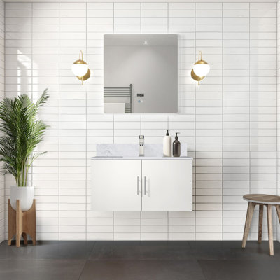 Glossy White 36 In. Bath Vanity With Marble Countertop, Faucet, Led Mirror - To Scratches And Stains For Coastal Bathroom 36" Top, Faucet , Scratch Stain- Surface