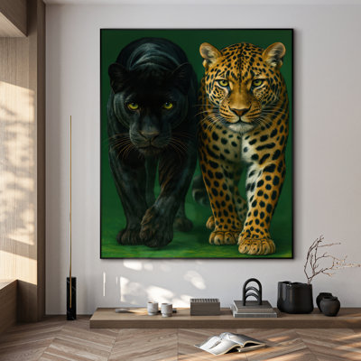 Extra Large Wall Art Fabric Print - Black Panther and Leopard Walking Duo on Green Artwork Decor for Living Room or Bedroom - "Frame Assembly Required (Unfinished Frame)"