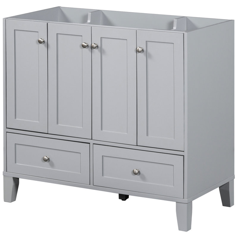 Rangement autoportant pour salle de bain - Bois massif et 2 tiroirs 4 portes réglables avec fonction de fermeture silencieuse grise
