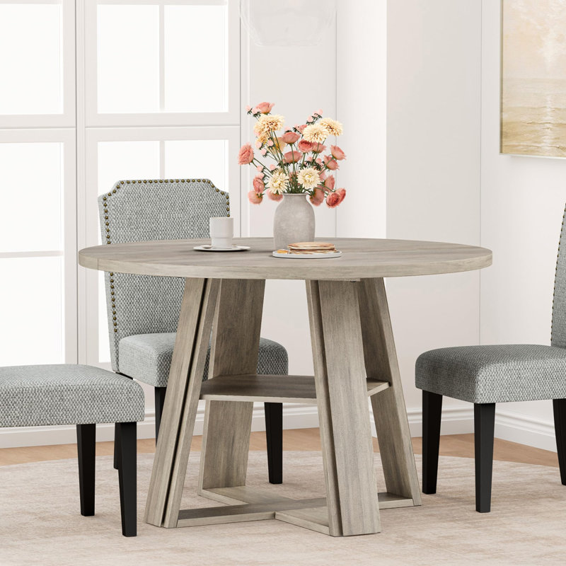 Table de salle à manger ronde 43,3 "pour 4-6 - Table de cuisine circulaire avec base en piédestal en bois et tablette de rangement, peu encombrante - pour la cuisine, le salon, l’appartement